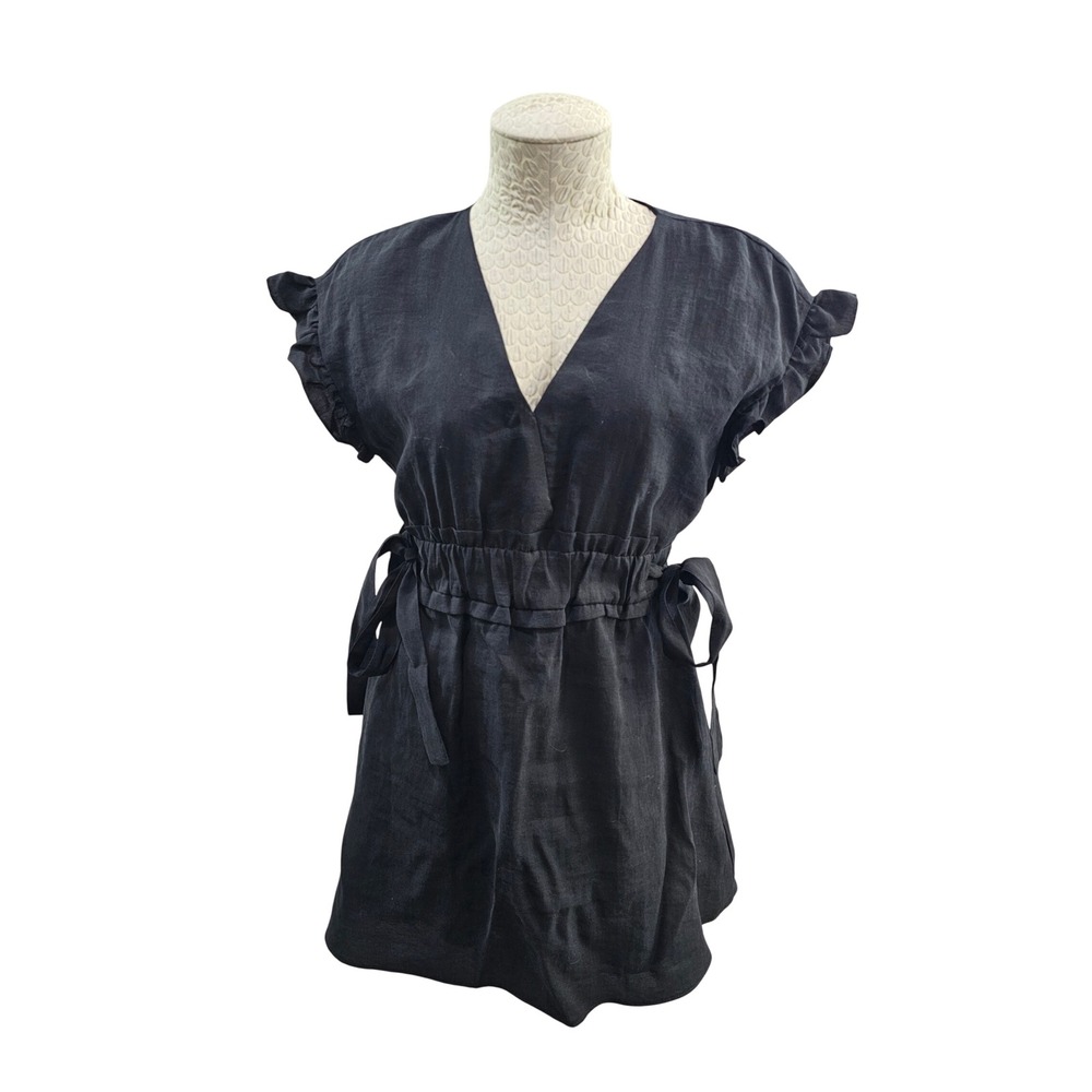 Zara Mini‎ Dress Womens XS Black Ruffle Sleeve V-Neck Elastic Tie Waist Babydoll